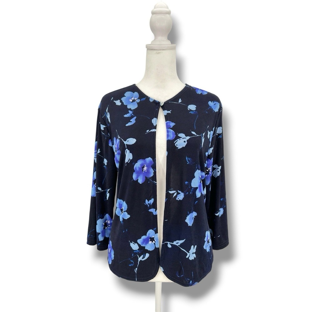 Women's Floral Blue Black Open Front Cardigan Top S Coquette Stretch Romantic